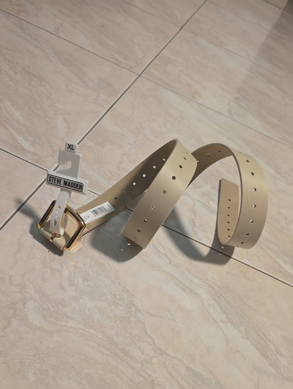 Steve Madden Beige Leather Belt with Gold Buckle